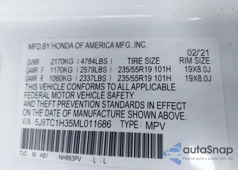 2021 Acura Rdx Standard z USA, uszkodzony, nr VIN 5J8TC1H35ML011686